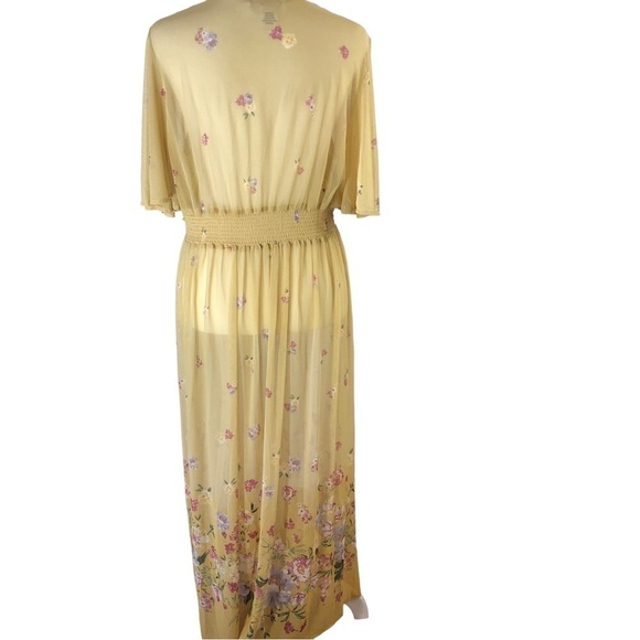 LIFE Maxi Sheer Mesh Duster Robe Women L Antique Gold Floral Pattern Lace Trim - Picture 4 of 9
